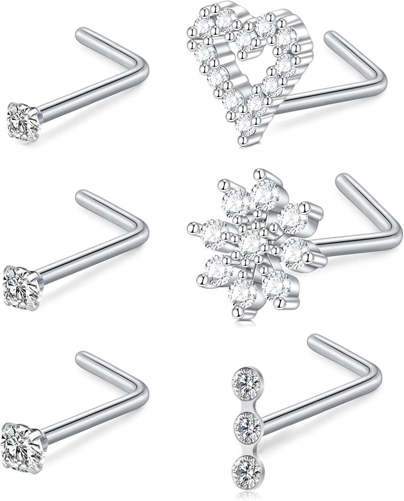MODRSA Silver Gold Nose Studs Nostril Piercings Threadless Push in Nose Rings Stud L Shaped Surgical Steel Hypoallergenic Flat Back Helix Earrings Screw Studs Crokscrew Nostril Jewelry for Women Men - Image 1
